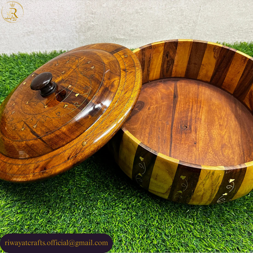 Handcrafted Wooden Roti Hotpot with Brass Work (No Steel Bowl)