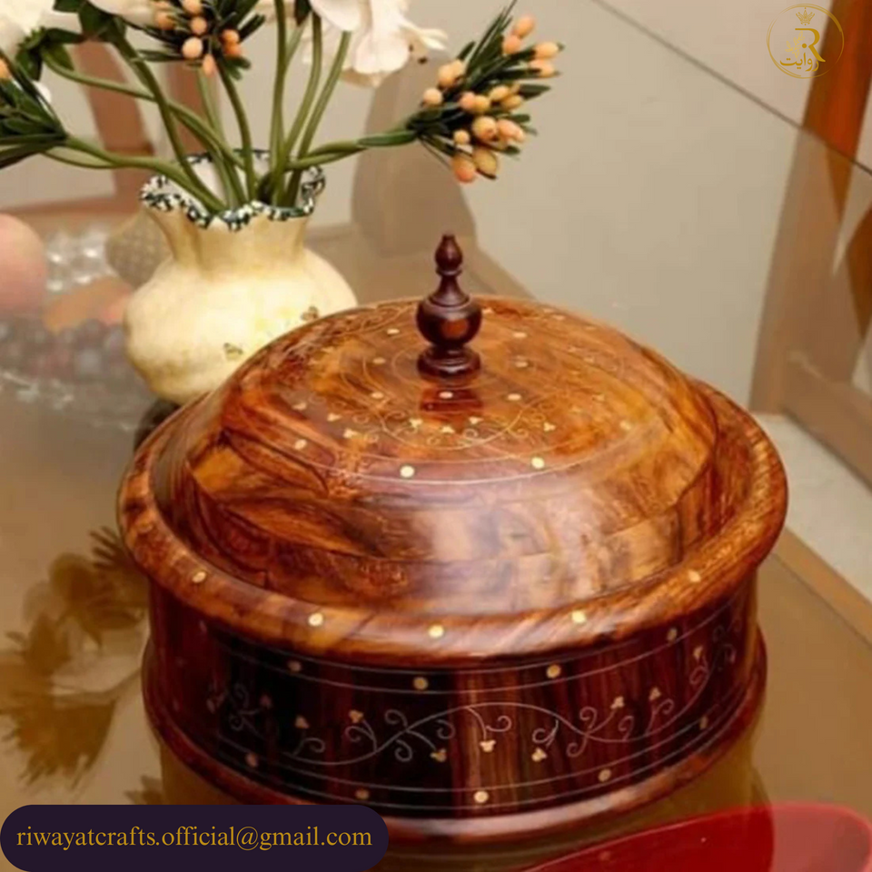 Handcrafted Wooden Roti Hotpot with Brass Work (With Steel Bowl)
