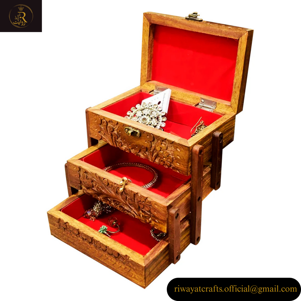 3-Step Kashmiri Carving Wooden Jewelry Box