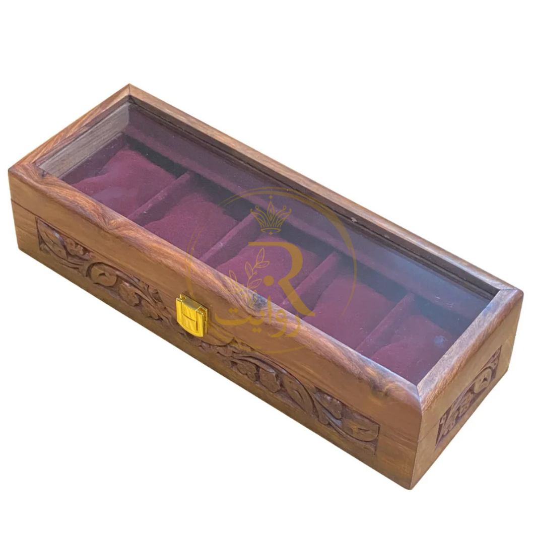 Handcrafted 5-Section Carved Wooden Watch Box – Red Velvet Lining with Glass Top