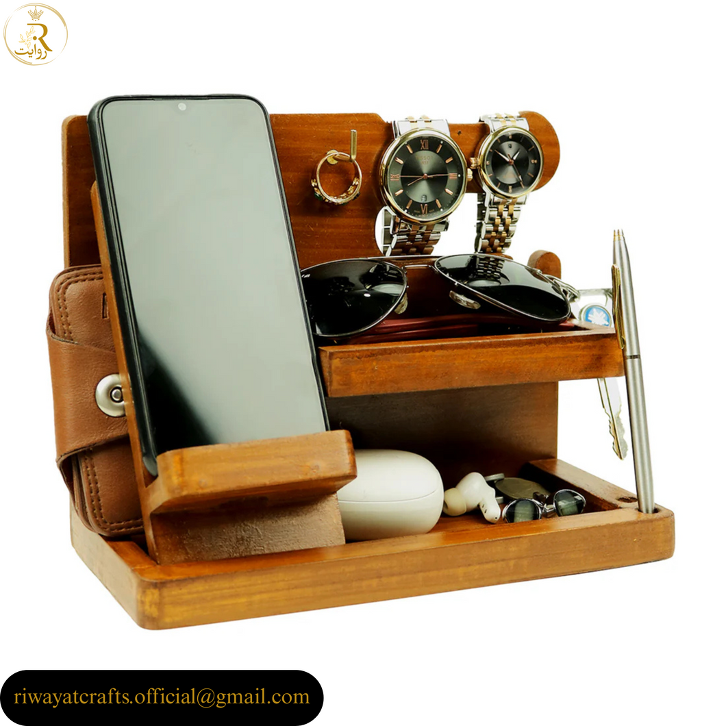 Wooden MDF Desk Organizer – Phone Docking & Key Holder Stand
