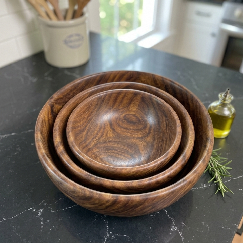 Set of 3 Single Wooden Bowls With Polish – 5, 6 & 7 Inch