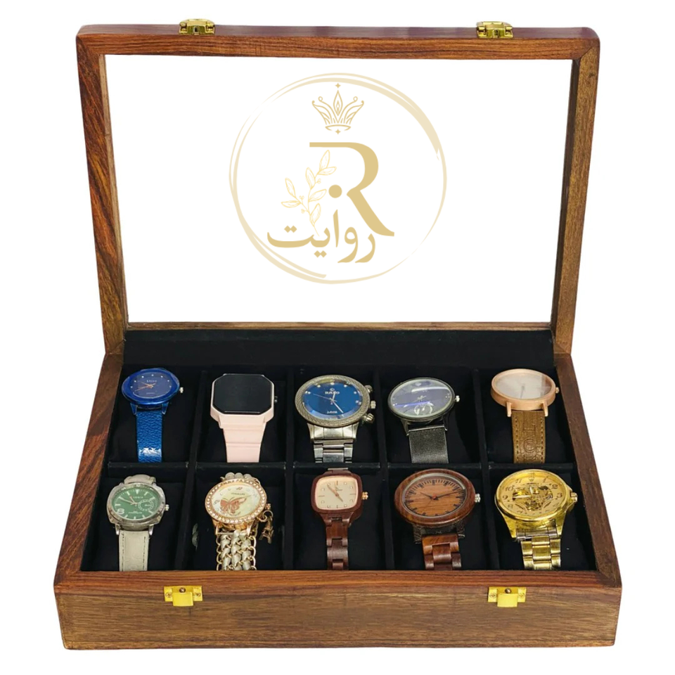 Handcrafted 10-Section Wooden Watch Box – Black Velvet Interior with Glass Display Top