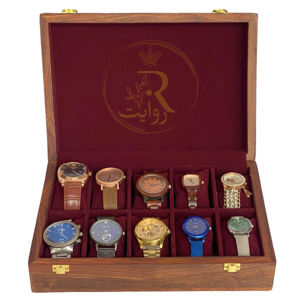Handcrafted 10-Section Wooden Watch Box – Red Velvet Interior with Solid Wooden Top