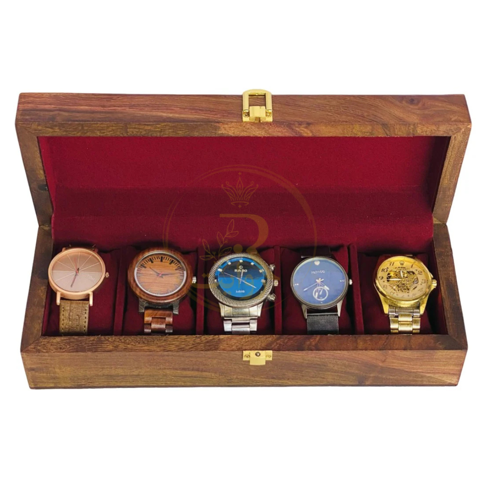 Handcrafted 5-Section Wooden Watch Box – Premium Wooden Top Lid Organizer