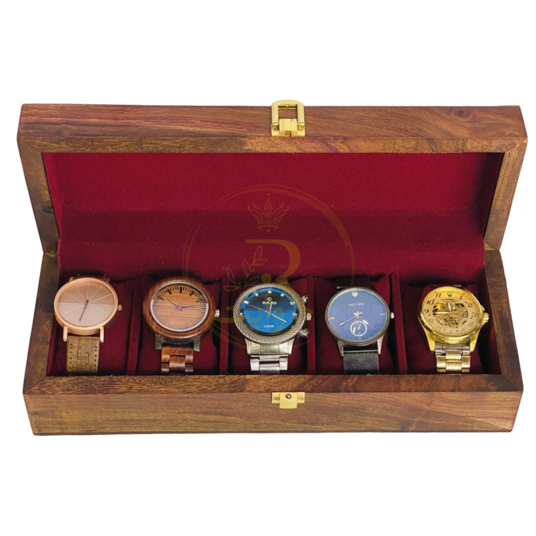 Handcrafted 5-Section Wooden Watch Box – Premium Wooden Top Lid Organizer
