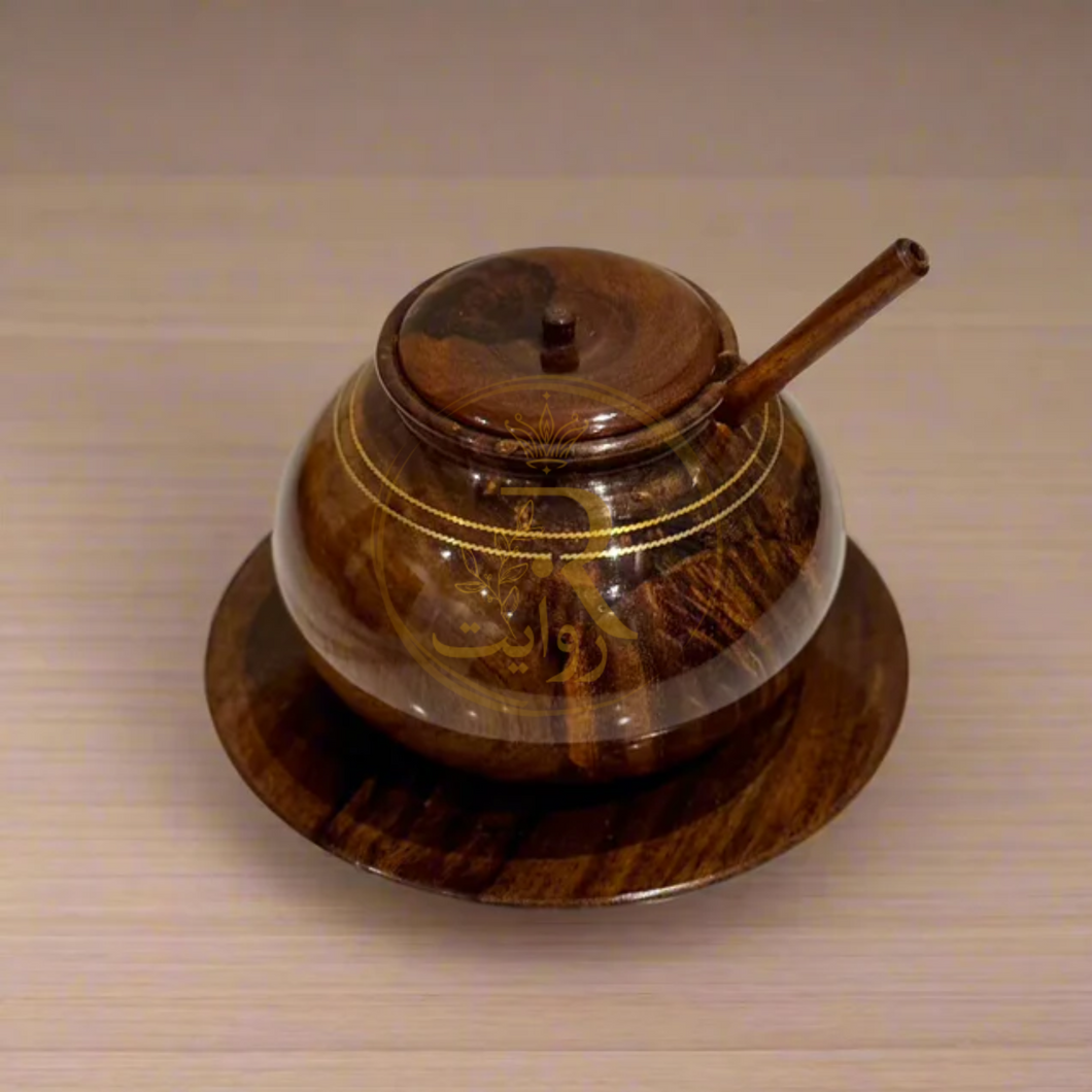 Handcrafted Wooden Sugar Pot with Brass Work – Traditional Kitchen & Table Decor