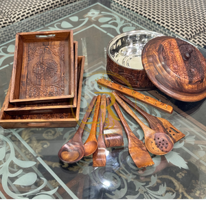 Deal 7 – Carving Tray Set, Wooden Carving Hotpot (with Steel Bowl) & 8-Piece Wooden Cooking Spoon Set