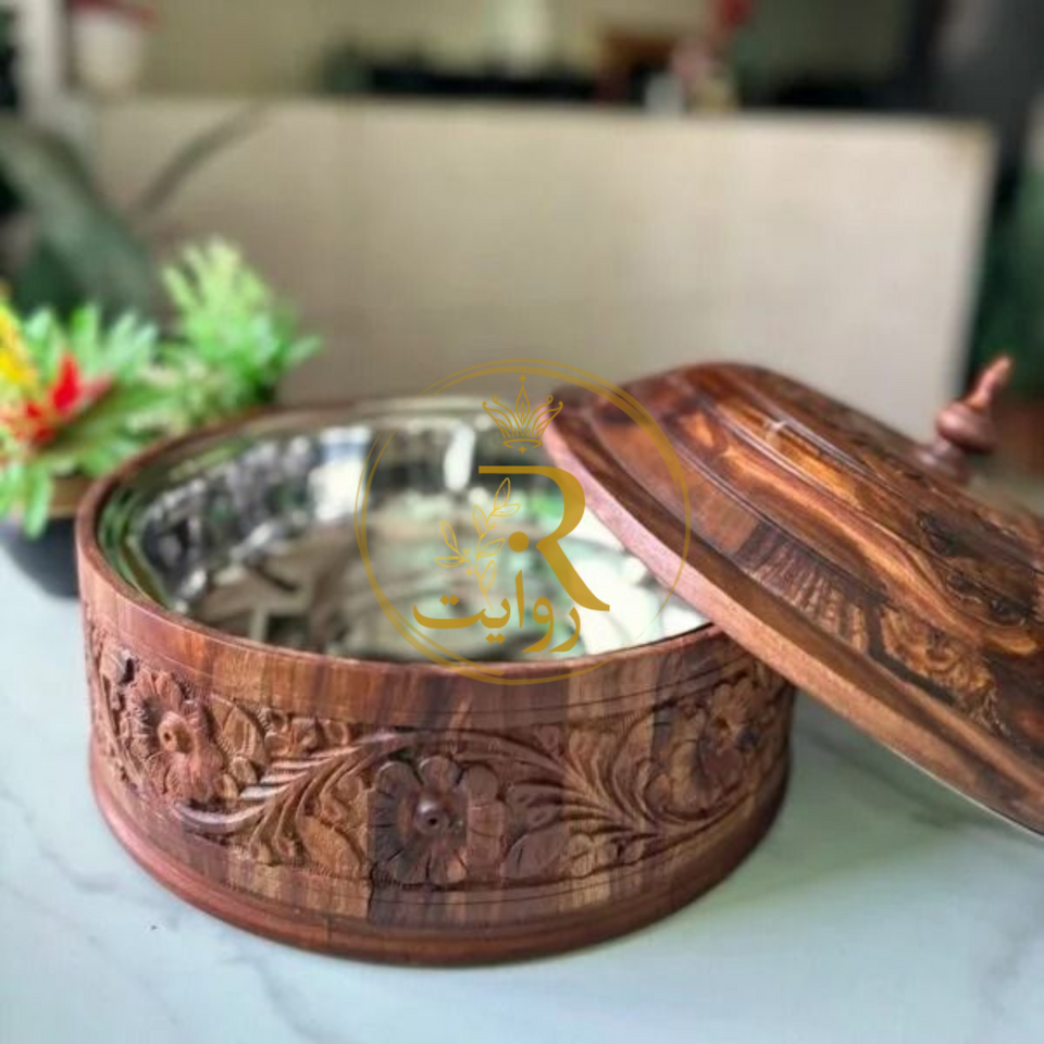 Handcrafted Wooden Roti Hotpot with Brass Work (With Steel Bowl)