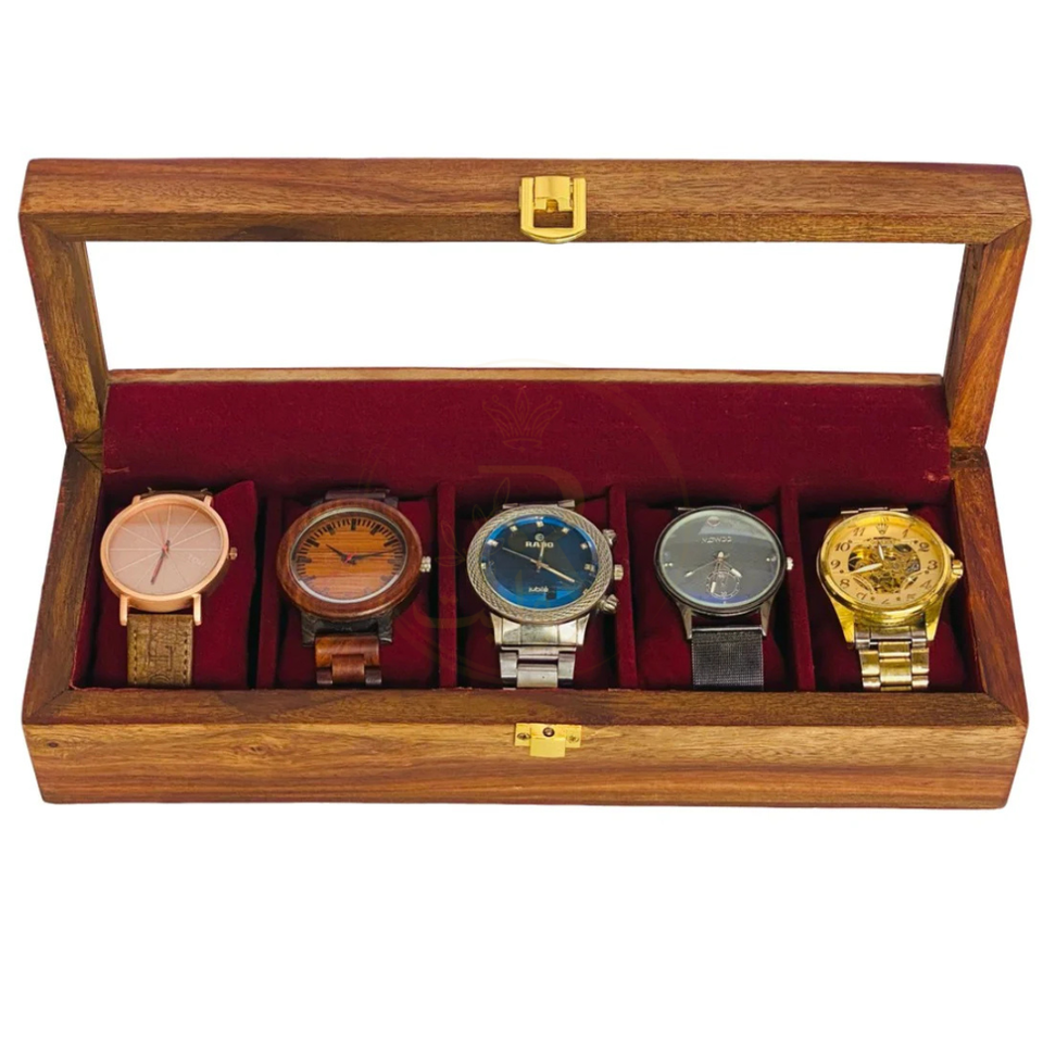 Handcrafted 5-Section Wooden Watch Box – Red Velvet Lined with Glass Top