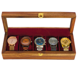 Handcrafted 5-Section Wooden Watch Box – Red Velvet Lined with Glass Top
