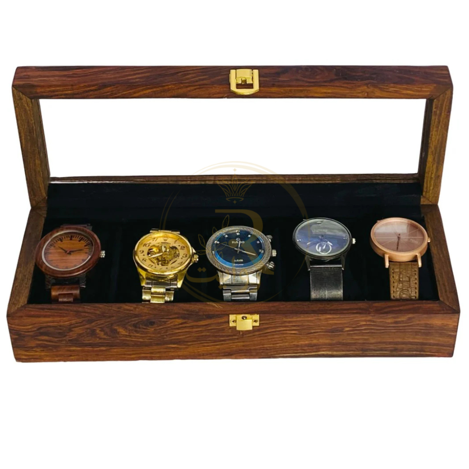Handcrafted 5-Section Wooden Watch Box – Black Velvet Interior with Glass Display Top