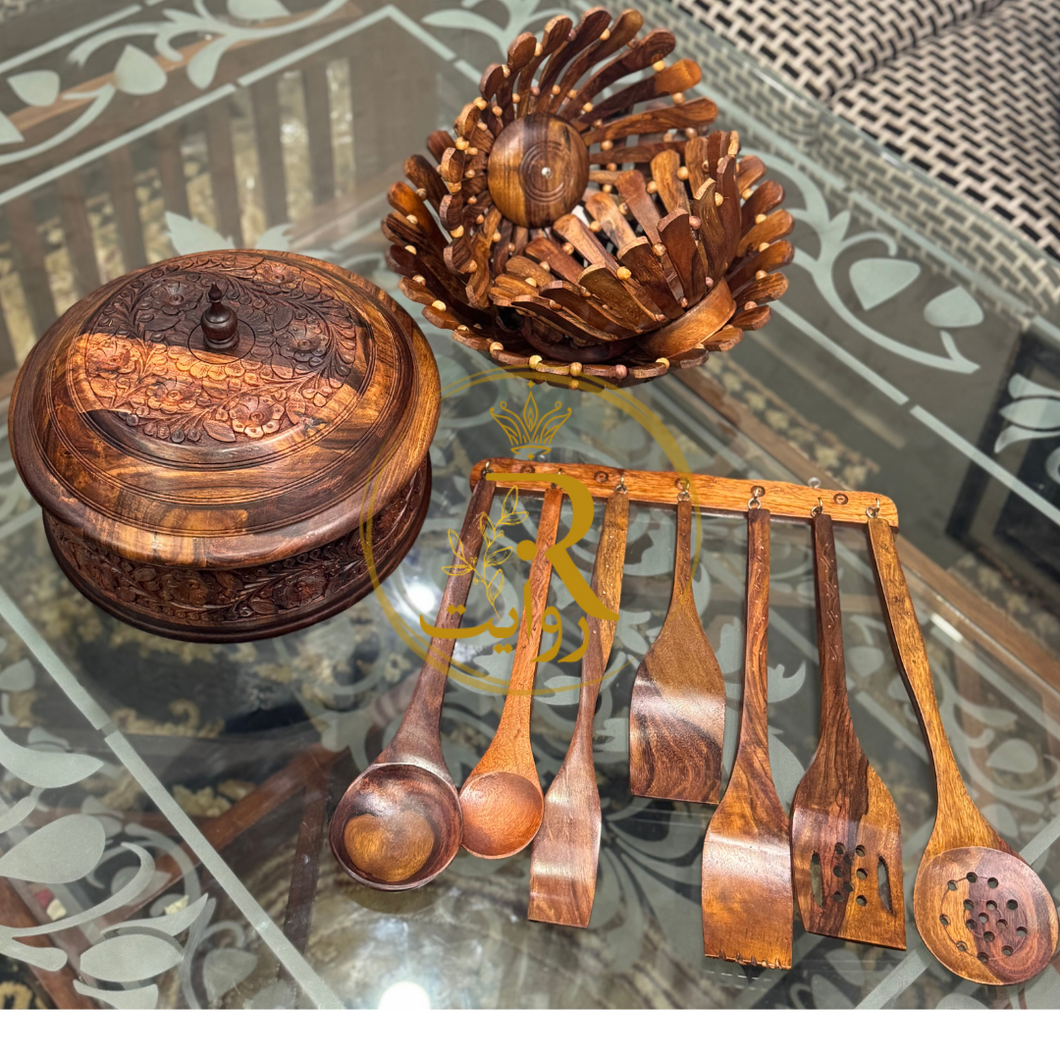 Deal 8 – Carving Wooden Hotpot (with Steel Bowl), Set of 3 Fruit Baskets & 8-Piece Wooden Cooking Spoon Set