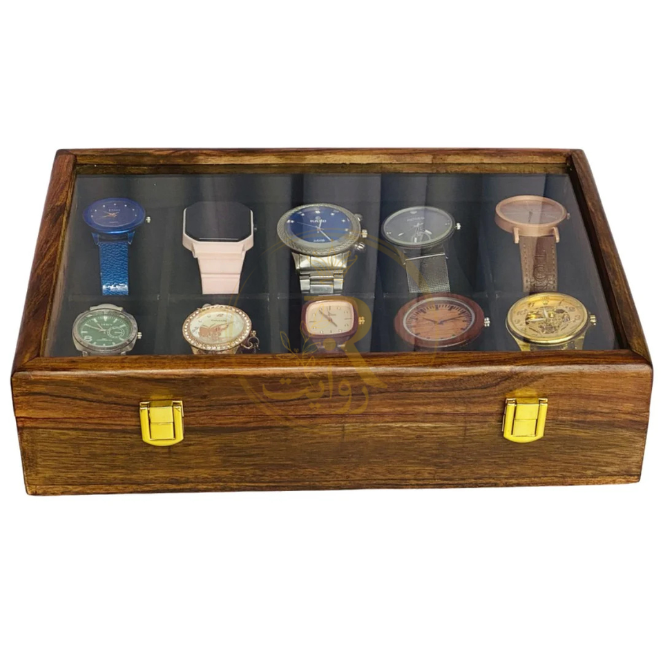Handcrafted 10-Section Wooden Watch Box – Black Velvet Interior with Glass Display Top