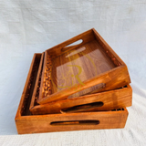 Deal 5 – Handcrafted Wooden Hotpot (Without Steel Bowl), Lightweight Tray Set of 3 & 3-Tier Wooden Cake Stand