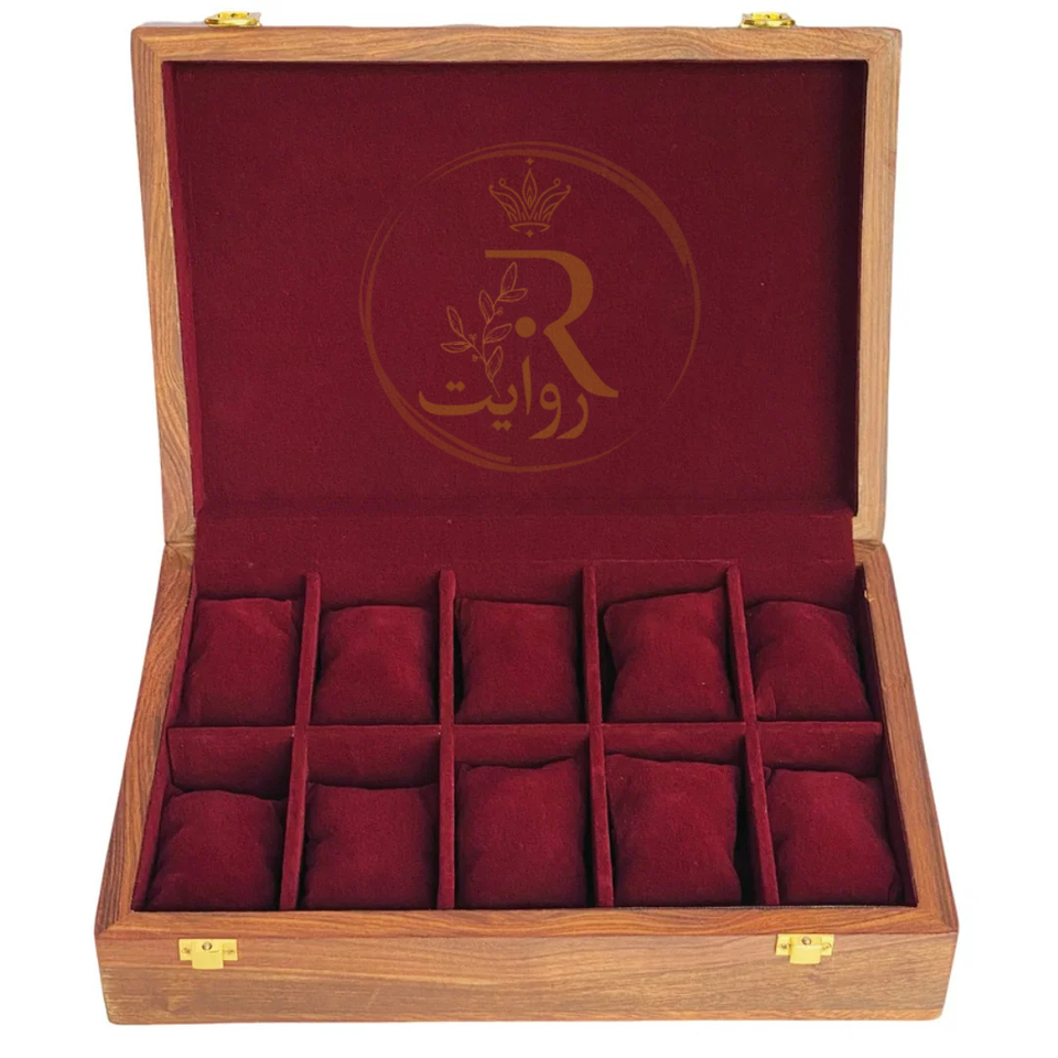 Handcrafted 10-Section Wooden Watch Box – Red Velvet Interior with Solid Wooden Top