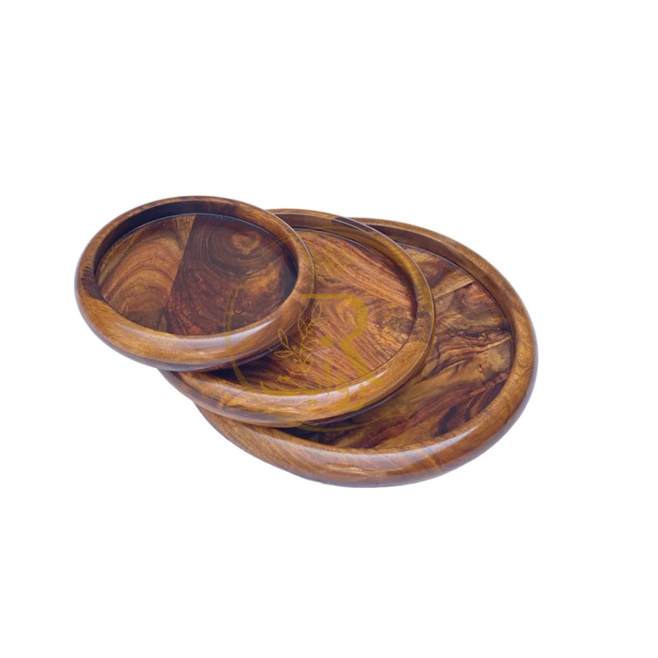 Handcrafted Round Wooden Plate Set of 3 – Large 12", Medium 10", Small 8" Sheesham Wood Plates