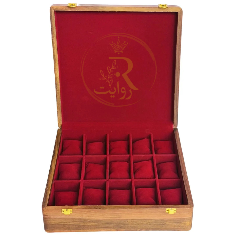 Handcrafted 15-Section Wooden Watch Box – Red Velvet Lining with Wooden Top Lid