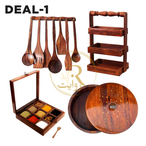 DEAL-1 Wooden Hotpot (Without Steel Bowl) , Masala Box, Spoon Stand & 8-Piece Spoon Set