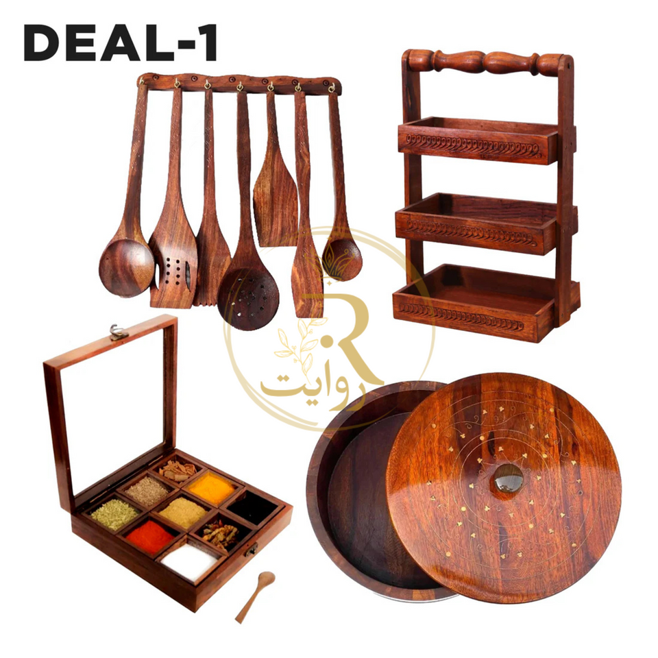 DEAL-1 Wooden Hotpot (Without Steel Bowl) , Masala Box, Spoon Stand & 8-Piece Spoon Set