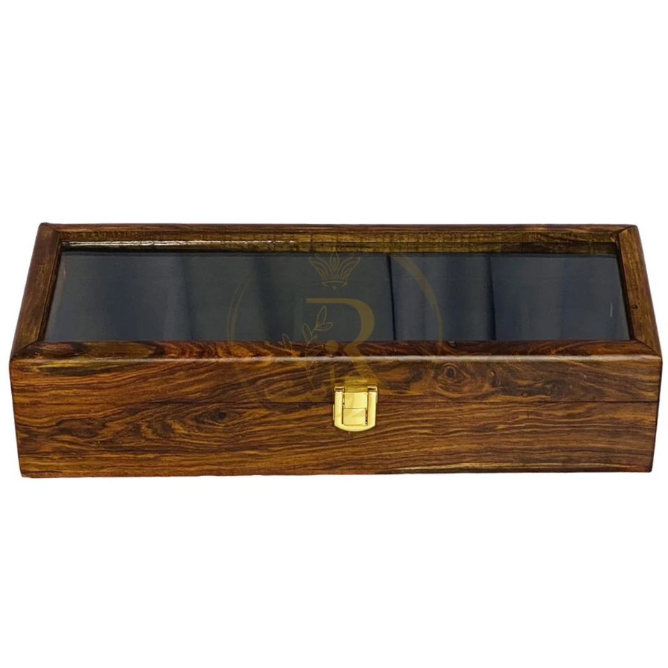 Handcrafted 5-Section Wooden Watch Box – Black Velvet Interior with Glass Display Top