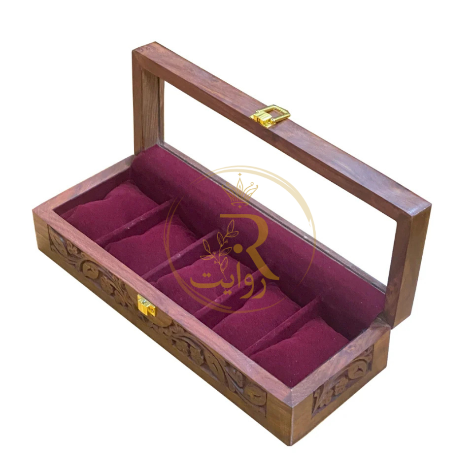 Handcrafted 5-Section Carved Wooden Watch Box – Red Velvet Lining with Glass Top