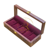 Handcrafted 5-Section Carved Wooden Watch Box – Red Velvet Lining with Glass Top