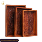Hand-Carved Wooden Serving Tray Set of 3