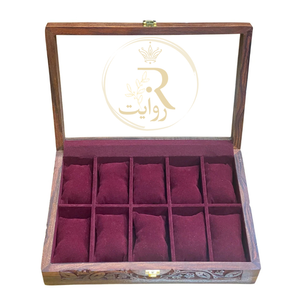 Handcrafted 10-Section Carved Wooden Watch Box – Red Velvet Interior with Glass Display Top