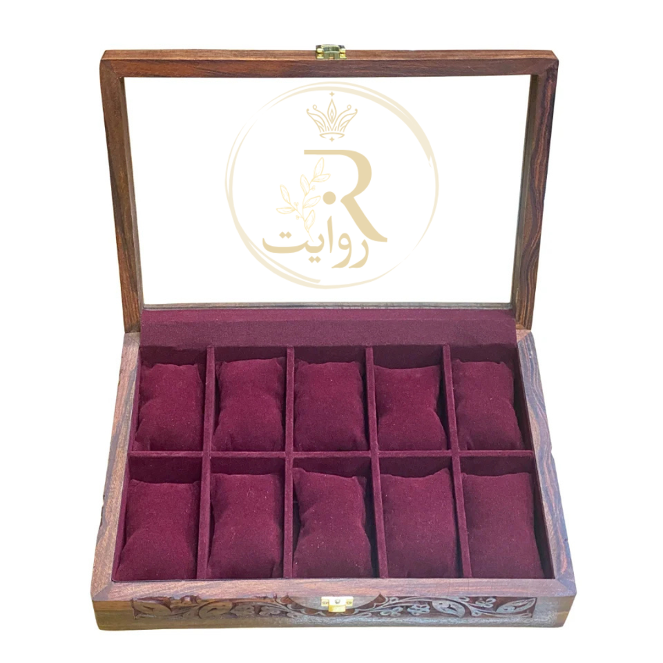 Handcrafted 10-Section Carved Wooden Watch Box – Red Velvet Interior with Glass Display Top