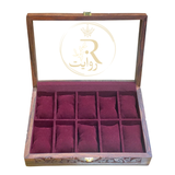 Handcrafted 10-Section Carved Wooden Watch Box – Red Velvet Interior with Glass Display Top