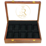Handcrafted 10-Section Wooden Watch Box – Black Velvet Interior with Glass Display Top