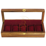Handcrafted 5-Section Wooden Watch Box – Red Velvet Lined with Glass Top