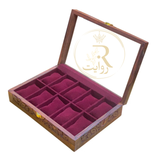 Handcrafted 10-Section Carved Wooden Watch Box – Red Velvet Interior with Glass Display Top