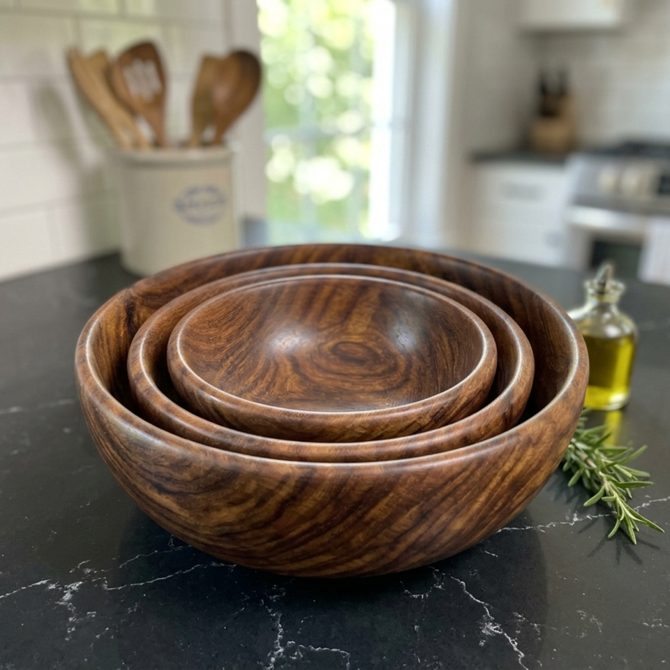 Set of 3 Single Wooden Bowls With Polish – 5, 6 & 7 Inch