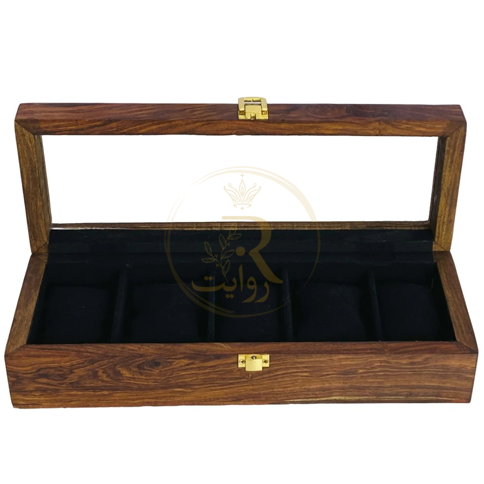 Handcrafted 5-Section Wooden Watch Box – Black Velvet Interior with Glass Display Top