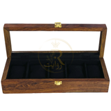 Handcrafted 5-Section Wooden Watch Box – Black Velvet Interior with Glass Display Top