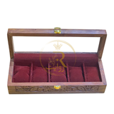 Handcrafted 5-Section Carved Wooden Watch Box – Red Velvet Lining with Glass Top