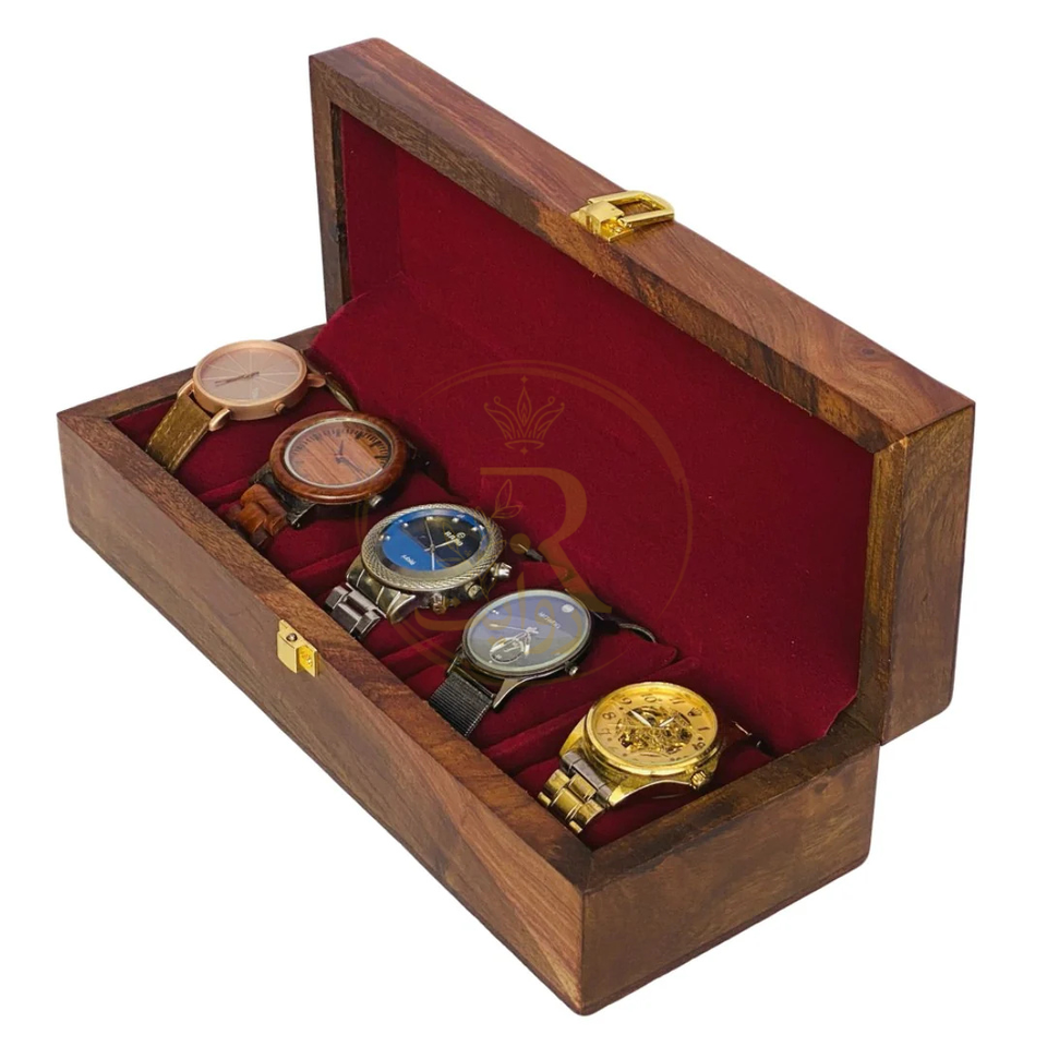 Handcrafted 5-Section Wooden Watch Box – Premium Wooden Top Lid Organizer