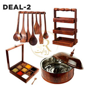 DEAL-2 Wooden Hotpot (Steel Bowl), Masala Box, Spoon Stand & 8-Piece Spoon Set