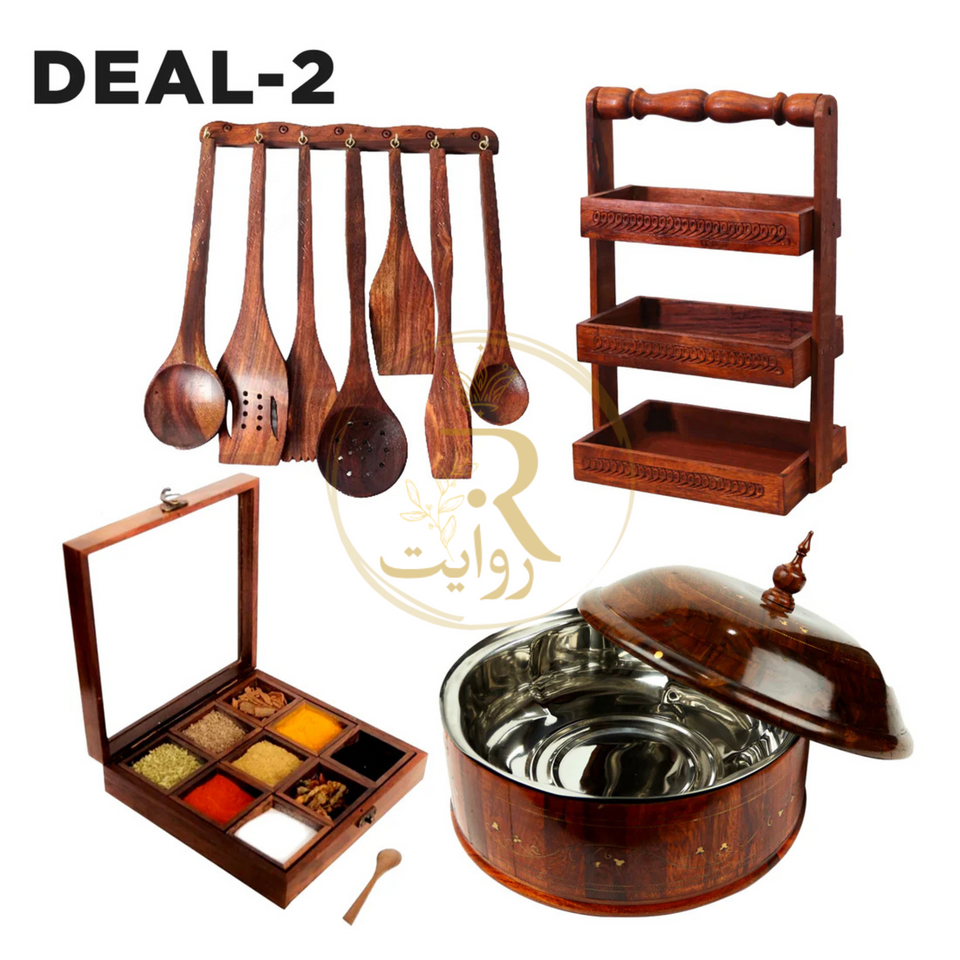 DEAL-2 Wooden Hotpot (Steel Bowl), Masala Box, Spoon Stand & 8-Piece Spoon Set