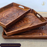 Hand-Carved Wooden Serving Tray Set of 3
