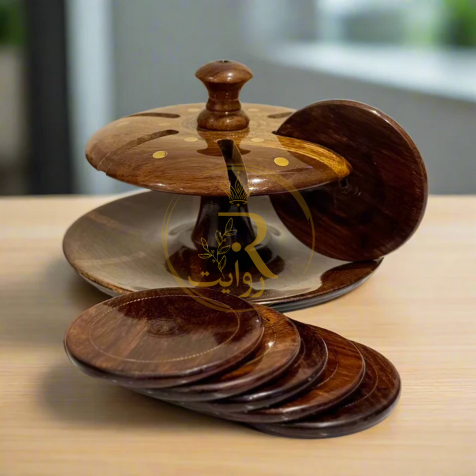 Handcrafted Wooden Tea Mat Set with Brass Work – Traditional Table Decor