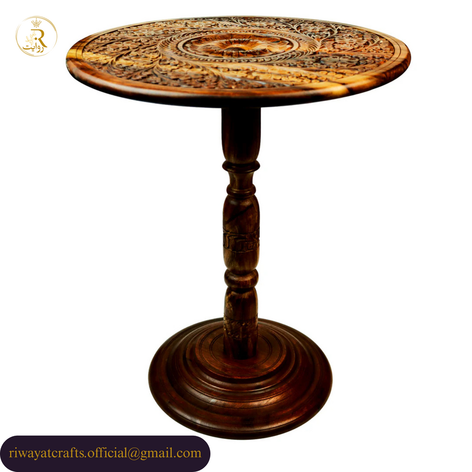 Hand-Carved Sheesham Wood Round Coffee Table