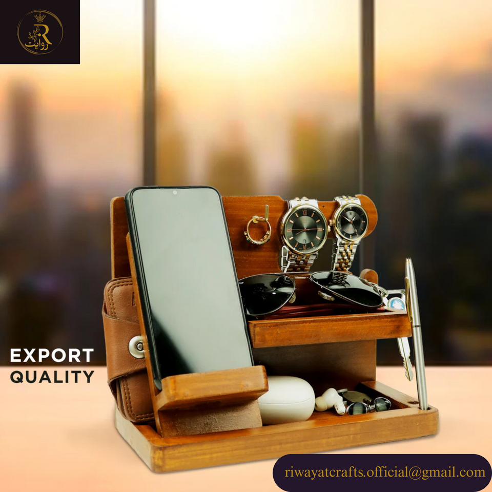 Wooden MDF Desk Organizer – Phone Docking & Key Holder Stand