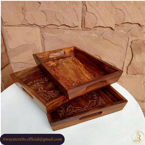 Hand-Carved Wooden Serving Tray Set of 3