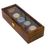 Handcrafted 5-Section Wooden Watch Box – Black Velvet Interior with Glass Display Top