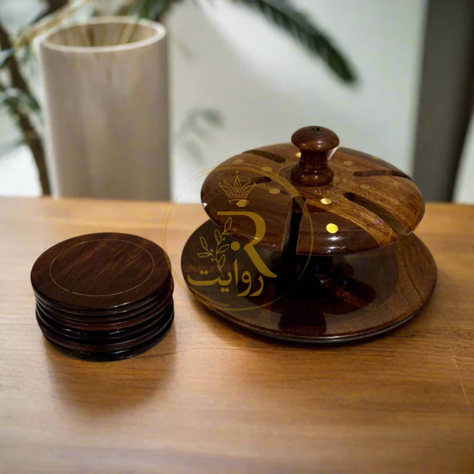 Handcrafted Wooden Tea Mat Set with Brass Work – Traditional Table Decor