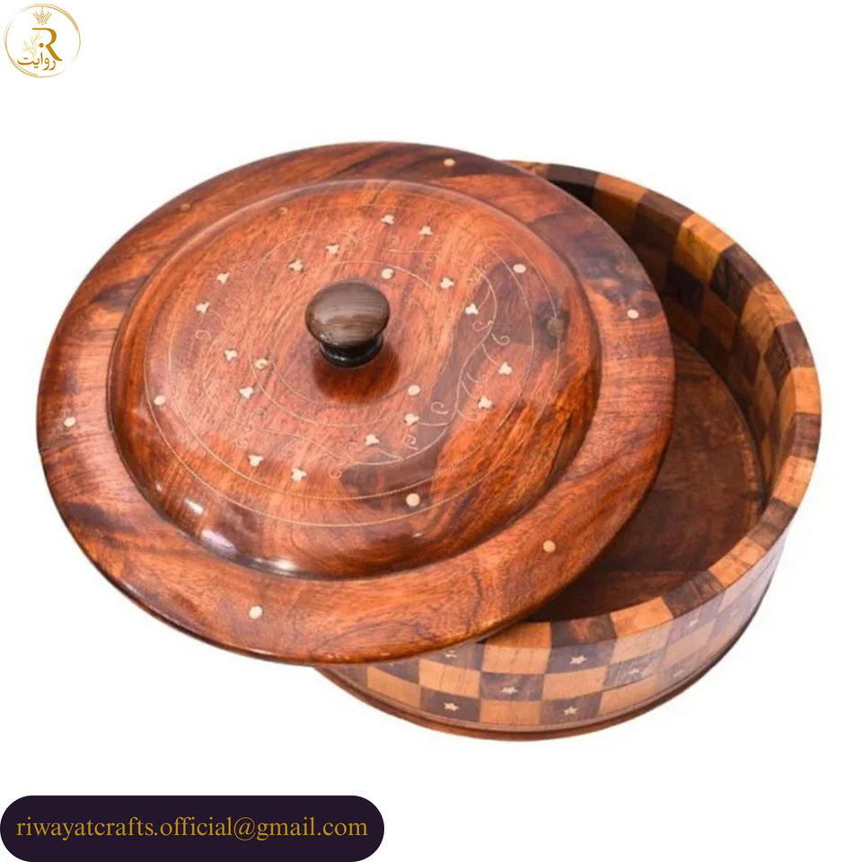 Handcrafted Wooden Roti Hotpot with Brass Work (No Steel Bowl)