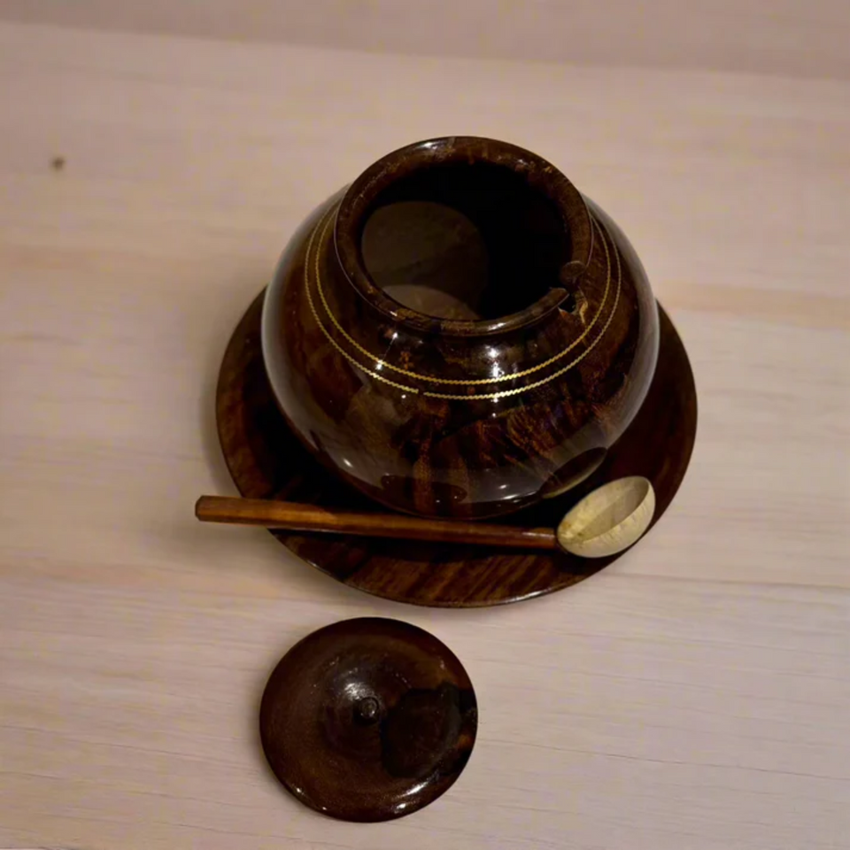Handcrafted Wooden Sugar Pot with Brass Work – Traditional Kitchen & Table Decor
